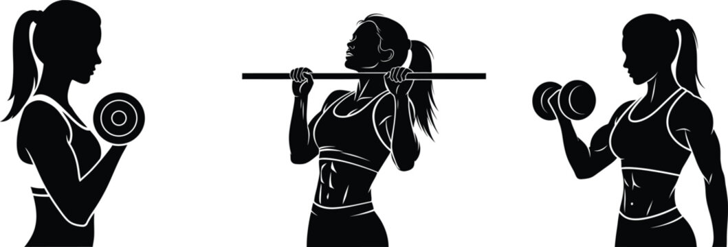 Female Fitness Exercises Silhouettes with Dumbbells and Pull-up Bar