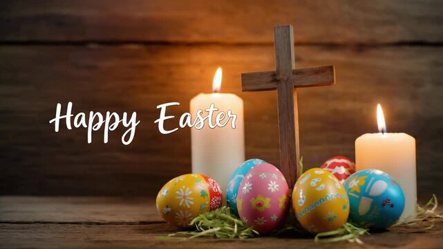 Christian cross with flickering candles, &ldquo;Happy Easter&rdquo; greeting and decorated eggs on rustic background