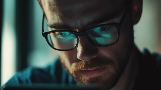 A young man with glasses and a beard looking at computer data, deeply engrossed in his work. He is concentrating on the screen, likely analyzing complex information.