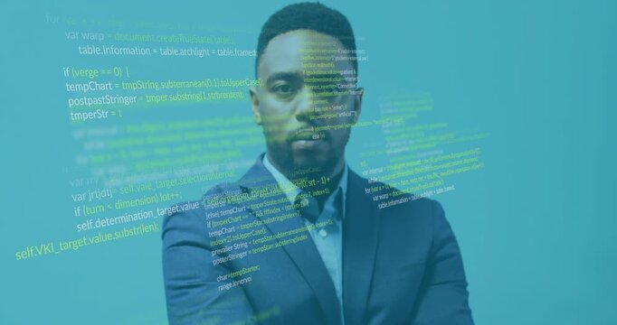 Projection cue sending faint code blocks drifting over man standing with crossed arms, showing data