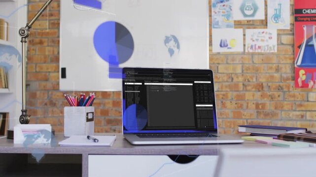 Laptop showing code, graphics entering TL, overlaying screen, forming pie-chart highlighting data