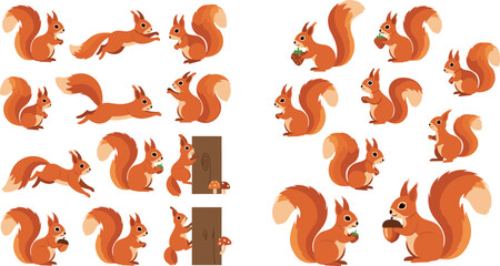 Cute Squirrel Illustrations Set with Various Poses, Trees, and Acorns for Nature and Wildlife Designs © MdMojnu
