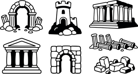 Fototapeta premium Ancient ruins and arches with columns and rocks vector art