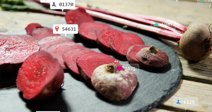 Beets sitting on slate, upload causing social badges floating over slices for food marketing