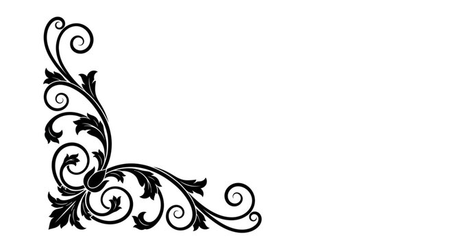 Intricate black ornamental corner design with elegant scrollwork and leaves, isolated white background