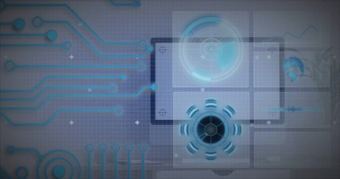 4-module HUD panel appearing on grid radar rotating fan spinning node moving aligning scanning tech