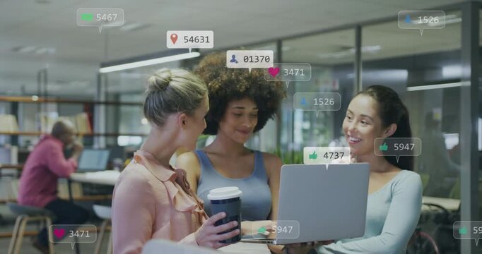 Coworker trio reviewing content around laptop, center woman typing and driving social media badges