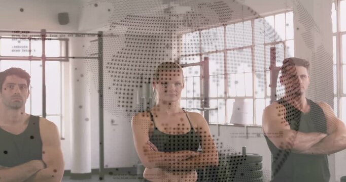 Camera widening, trainers uncrossing and posing in gym for fitness ad, dotted globe obscuring faces