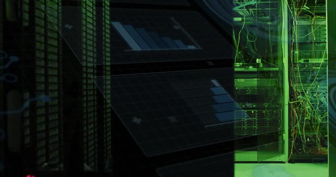Data center racks and open cabinet with patch cables showing blue bars metrics while feed animating