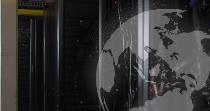 Globe overlay shifting, camera panning, racks revealing cables, LEDs flashing, showing connectivity