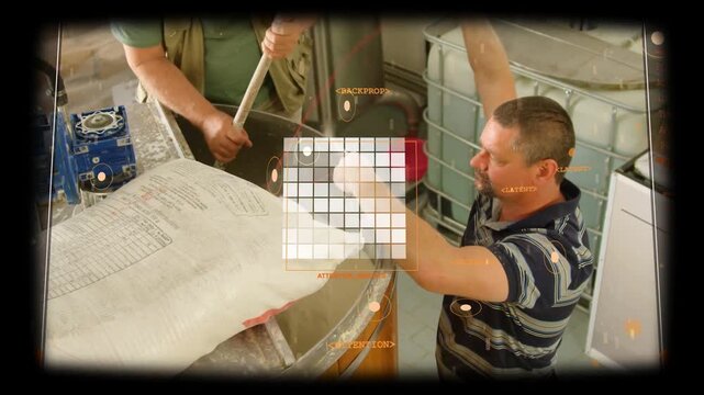 Right worker tipping sack, powder pouring into vat, coworker stirring, HUD grid guiding processing