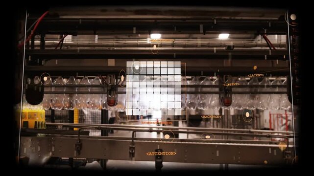 HUD appearing, scanning grid, revealing conveyor and flagging distant workers for factory check