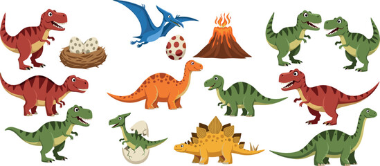 Dinosaur Illustration Set with T-Rex, Pterodactyl, Volcano, Eggs, and Different Prehistoric Creatures for Kids and Educational Designs © MdMojnu