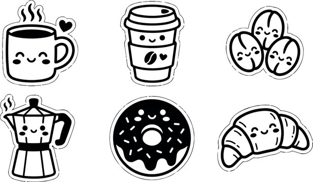 Black and white kawaii coffee cup donut croissant and moka pot vector art
