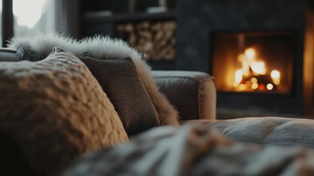 This is a serene and cozy living room scene, featuring a warmly lit fireplace as the focal point. The comfortable couch faces the fireplace, inviting relaxation and intimate conversation.