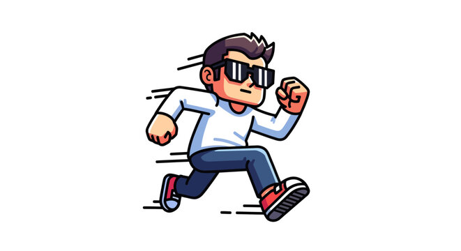 A cartoon man running quickly outside.