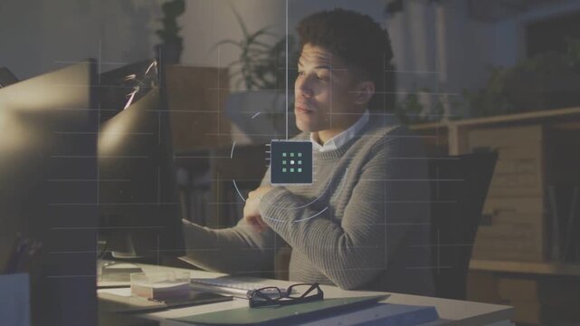 Male tech worker feeling fatigue reaching mug while HUD overlaying man and monitor regaining focus