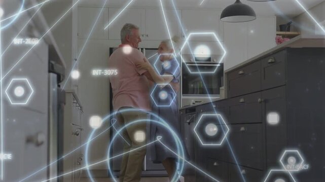 Couple holding hands, man guiding woman into hug, swaying in kitchen for calm, tech HUD overlaying