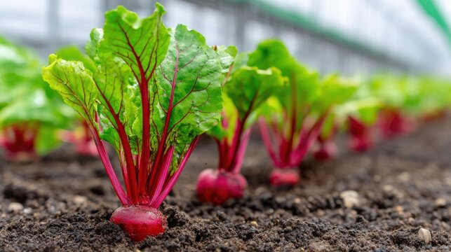 Fresh red beets with green leaves growing in fertile garden soil