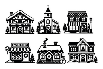 Naklejka premium Minimal black and white set of buildings, including houses, a church, and a candy shop, celebrating Christmas and winter