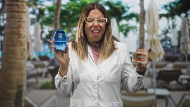 Woman dentist holding clear aligner case and dental model, mouth grimace in studio; discomfort care.