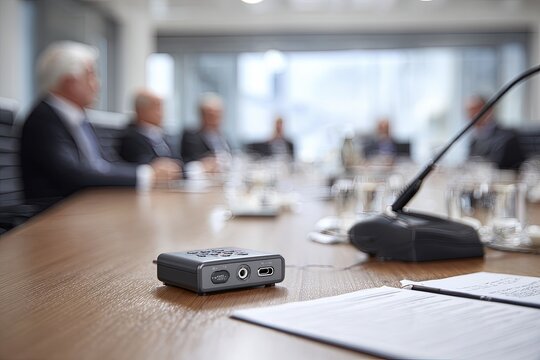 A close-up captures a crucial business meeting: Focus on the microphone, boardroom ambiance. 