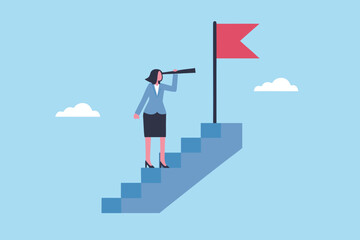 Fototapeta premium A businesswoman climbs stairs looking through binoculars at a red flag