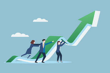Fototapeta premium Teamwork propelling a growth arrow upwards symbolizing business success