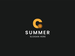 Fototapeta premium Summer logo template with sun and letter C, Seasonal branding concept vector illustration