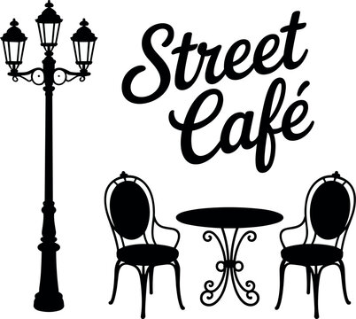 Street cafe outdoor seating with vintage chairs table lamp post urban restaurant concept silhouette illustration black and white design