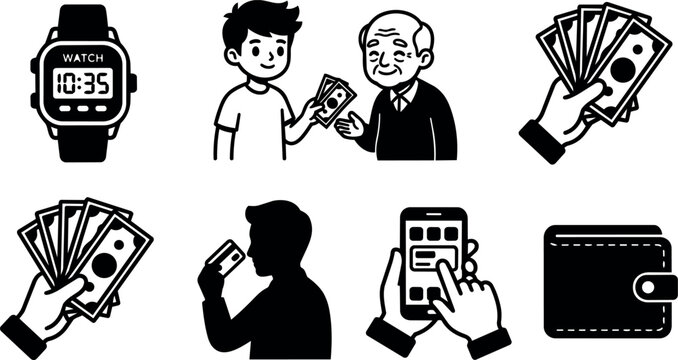 Black and white digital watch money exchange payment and wallet icons