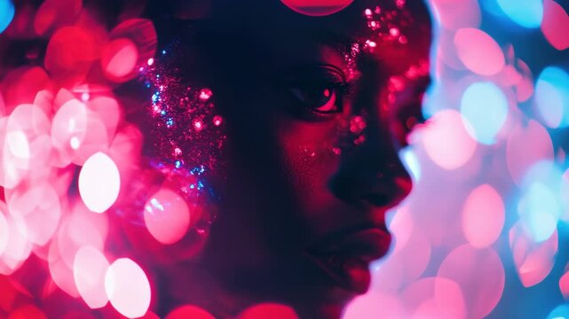 A close-up portrait of a person looking at the camera with vibrant red bokeh lights illuminating their face.