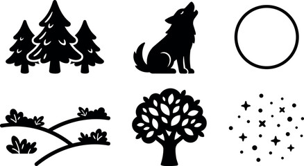 Naklejka premium Black silhouette icons of trees hills howling wolf and stars vector art