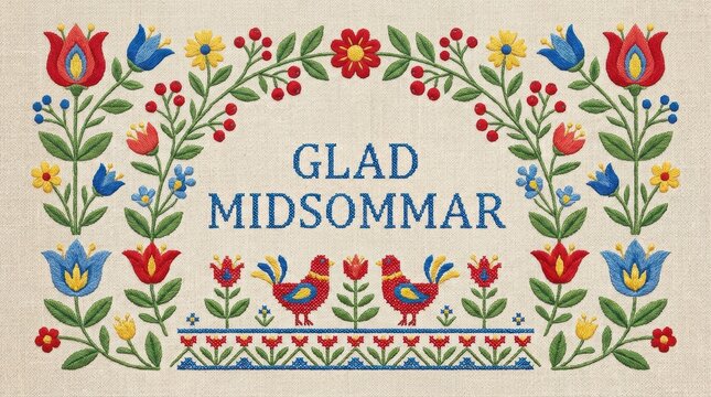 A Scandinavian embroidery-inspired illustration with stitched floral patterns and decorative thread textures, symmetrical composition, Swedish phrase &ldquo;Glad Midsommar&rdquo;