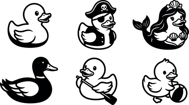 Black and white rubber duck characters including pirate mermaid and rower