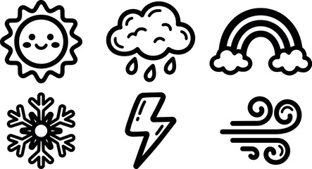 Fototapeta premium Smiling sun rain cloud rainbow snowflake lightning and wind outline vector art