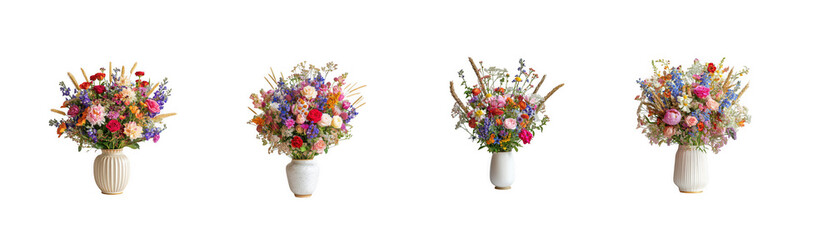 Four wildflower bouquets in simple vases, natural meadow flowers, isolated on transparent background