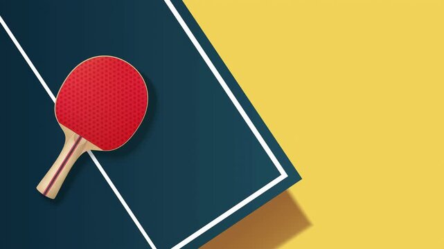 A ping-pong racket and ball on a blue table. The bright yellow background adds energy. Perfect for sports tournaments or entertainment.