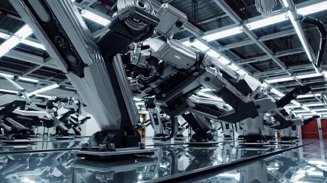 Robotic arms assembling car chassis, reflective production floor, overhead LED lighting, chrome surfaces, synchronized movement, hightech manufacturing, closeup lowangle shot emphasizing mechanical