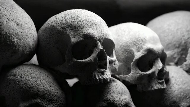 Dramatic black and white scene showing a pile of ancient human skulls stacked together, symbolizing death, history, and mortality in a dark, atmospheric setting with moving shadows