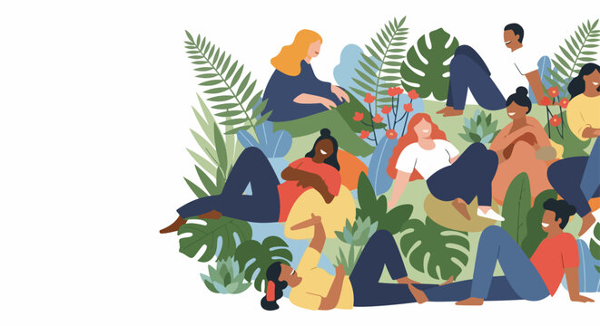 Joyful diverse community members relax together in lush green natural setting. Group of people from diverse community socialize and enjoy conversation among vibrant foliage and blooming flowers.
