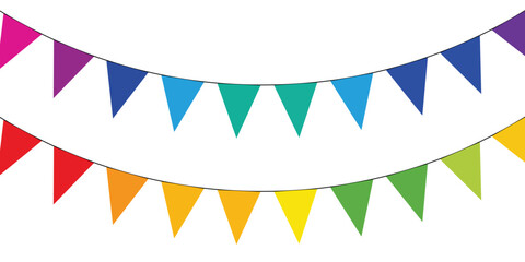 Obraz premium Two rows of colorful triangular bunting flags hanging on strings for celebration, party, or festival decoration