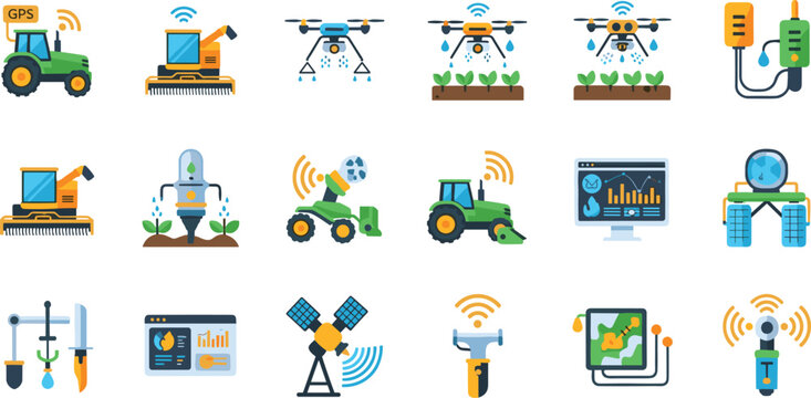 Agricultural Drone and Smart Farming Technology Icons Set Featuring GPS, Automated Machinery, and IoT Solutions for Precision Agriculture