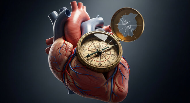 Realistic human heart with vintage brass compass mounted on its surface showing broken glass cover and needles pointing directions as symbol of emotional guidance and lost love in dark studio.