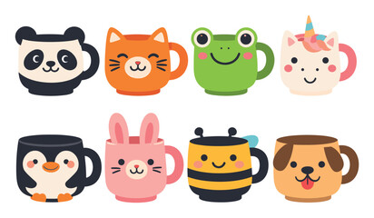 Obraz premium Adorable collection of cartoon animal mugs or cups, each with a unique cute character design for kids and lovers of kawaii aesthetics