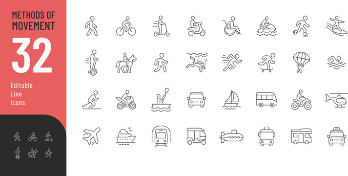 Methods of Movement Line Editable Icons set. Vector illustration in a modern thin line style depicting different types of land, water and air transport and people moving. 