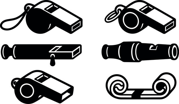 Black and white whistle and kazoo silhouette icons set in flat design