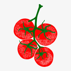 Ripe red cherry tomatoes on a branch in hand-drawn textured style. Food illustration for packaging, recipe designs, kitchen decor, labels, prints, posters.