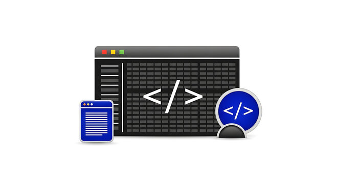 Illustration of a black coding window with a blue code icon and a blue document icon on white
