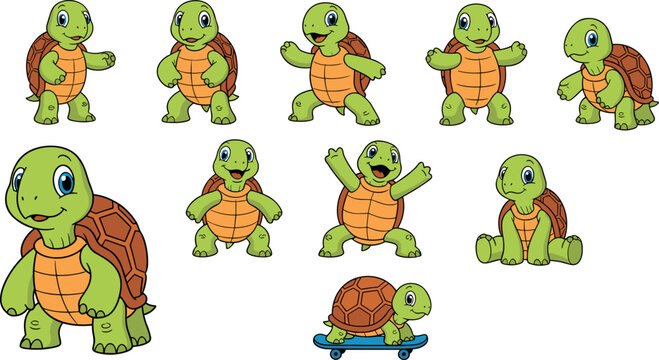 Playful cartoon vector illustration of green turtles in dynamic poses with fun expressions